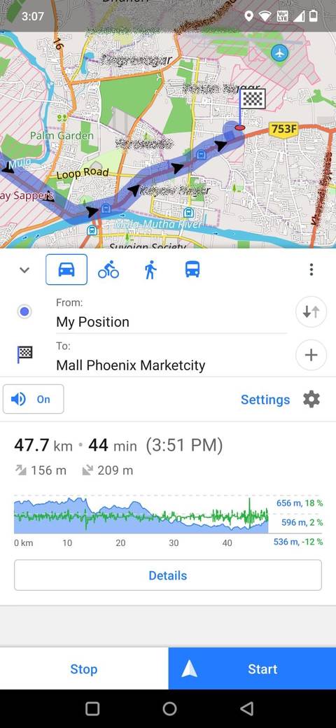 Screenshot of the OsmAnd app showing a navigation route