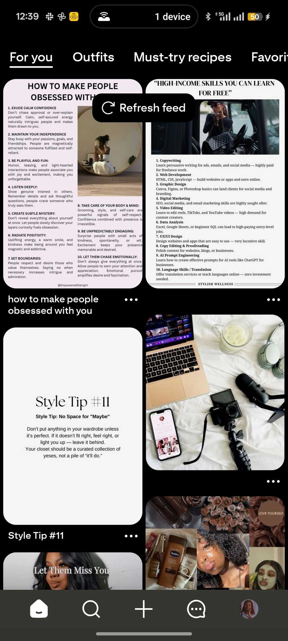 Menu principale di Pinterest che mostra diversi suggerimenti per la fiducia e immagini estetiche 