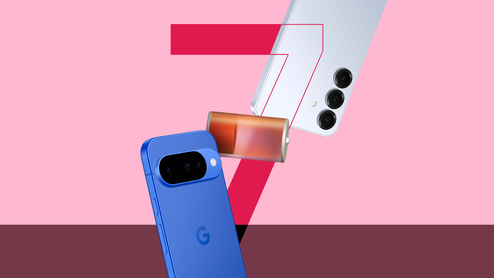 Pixel and Galaxy phones floating around a large red number 7 with a depleting battery icon.