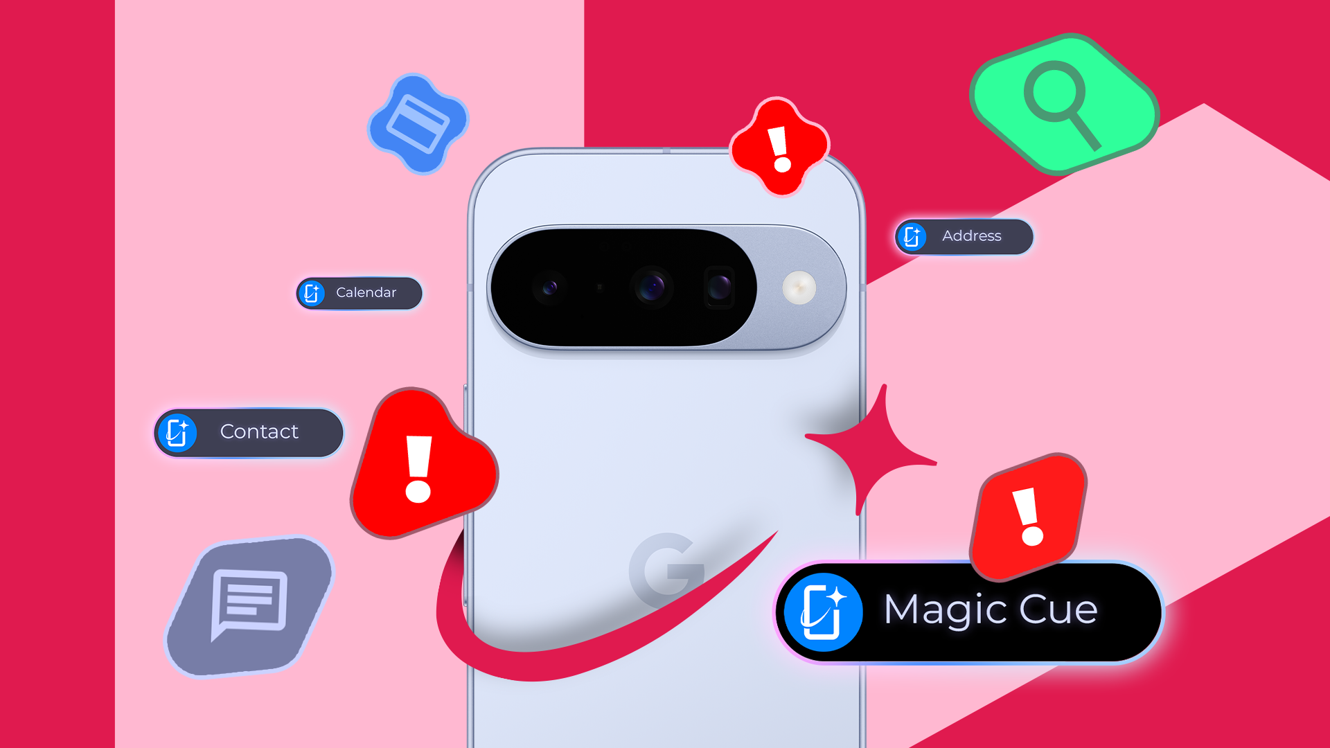 Pixel phone surrounded by floating app icons and red warning alerts, highlighting the Magic Cue feature.