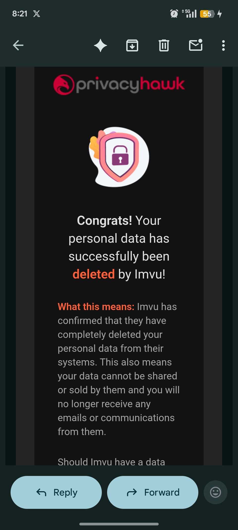 Email confirmation from PrivacyHawk stating that user account has been deleted from IMVU platform 