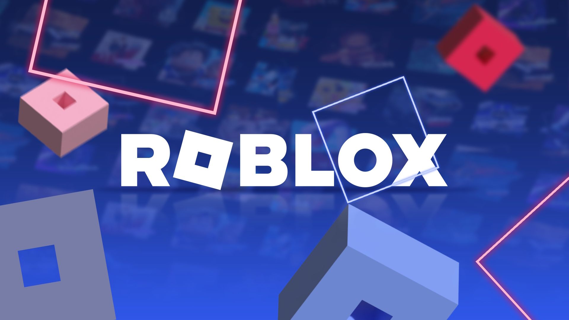 White Roblox logo surrounded by floating 3D cubes against a blurred background of game thumbnails.