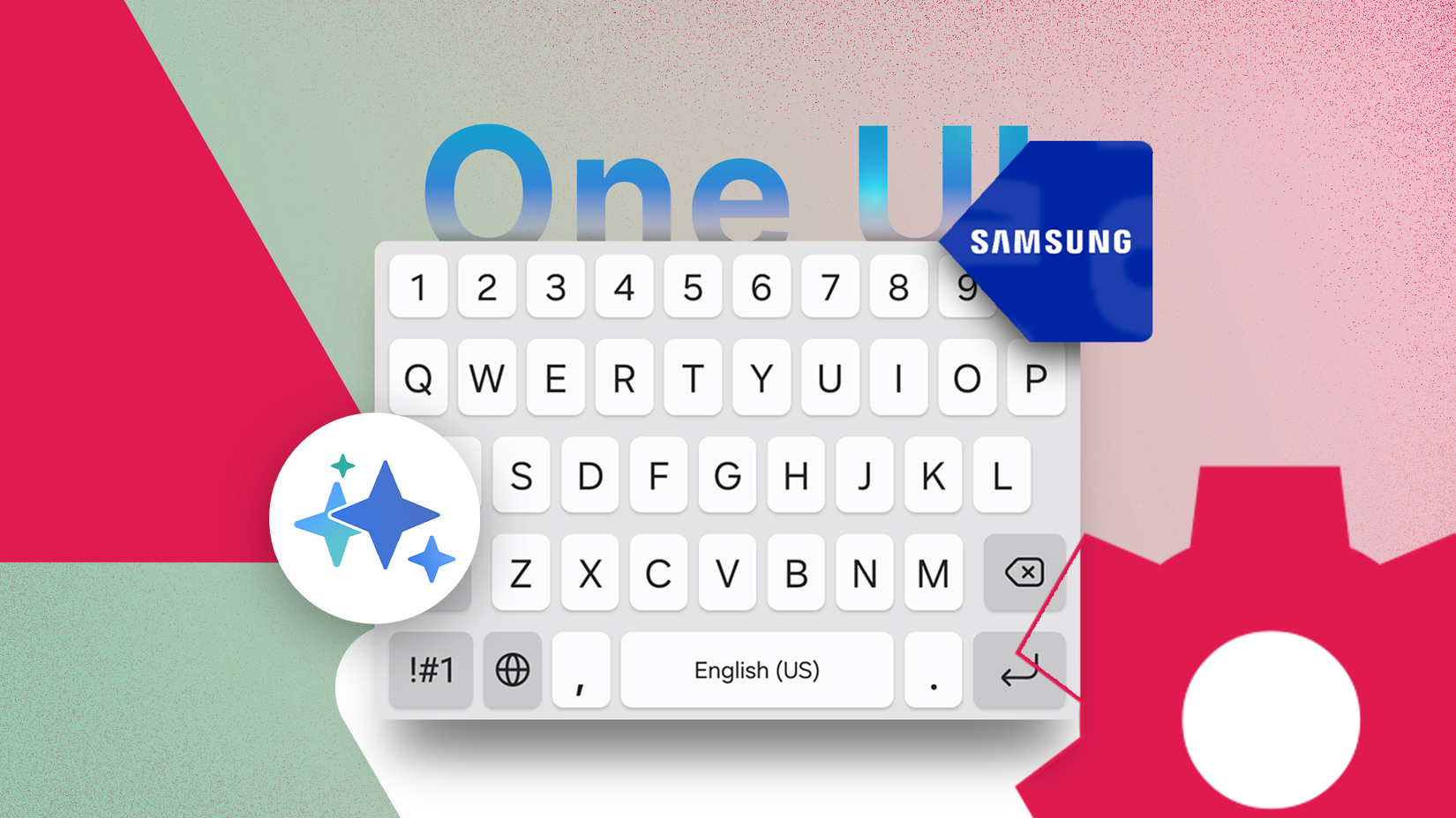 Samsung Keyboard with 'One UI' in the background and floating AI and settings icons around the keyboard.