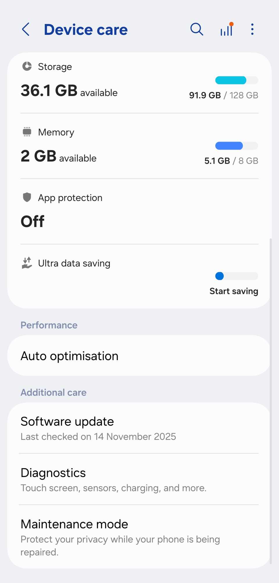 Menu di cura del dispositivo Samsung