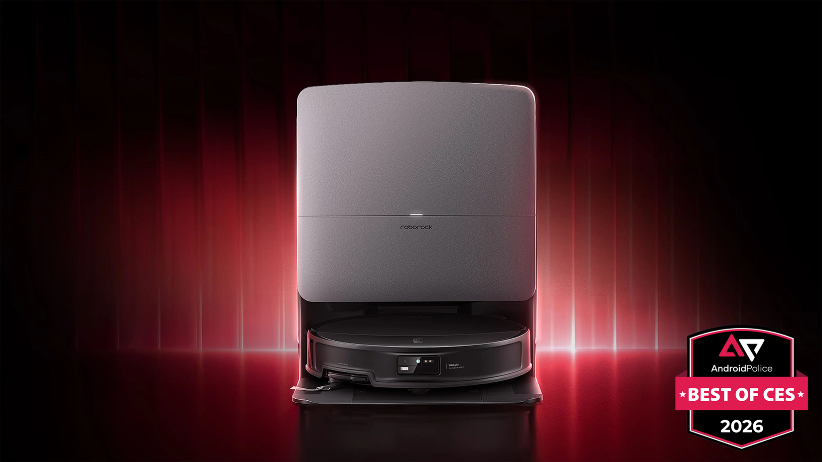 Roborock Saros20 contra um fundo iluminado em vermelho