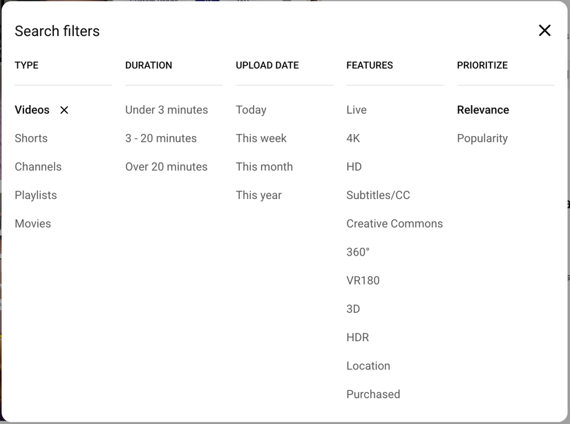 YouTube search filters