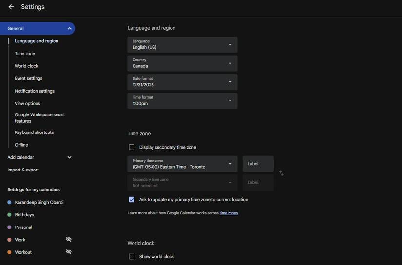 A screenshot highlighting my calendar list in Google Calendar's settings.