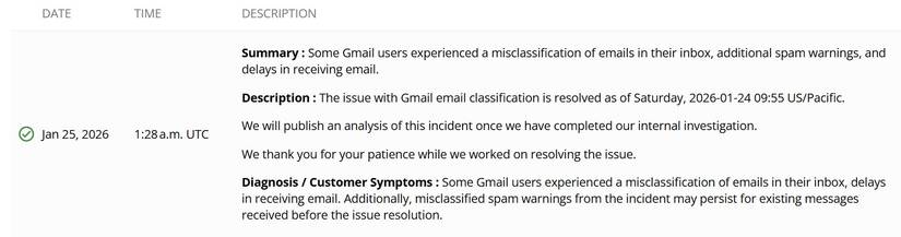 Uma captura de tela destacando o resumo do bug do Gmail do Google.