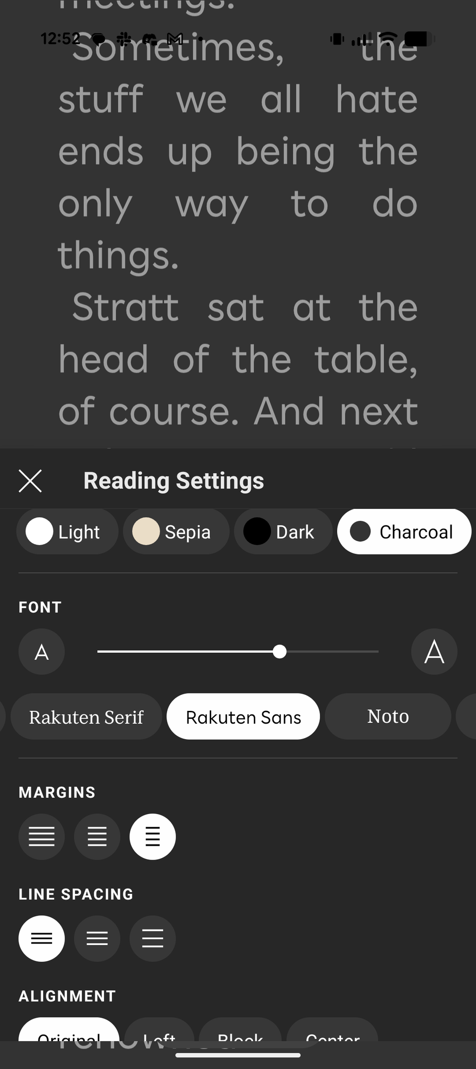 A screenshot showing the text settings menu in the Kobo App
