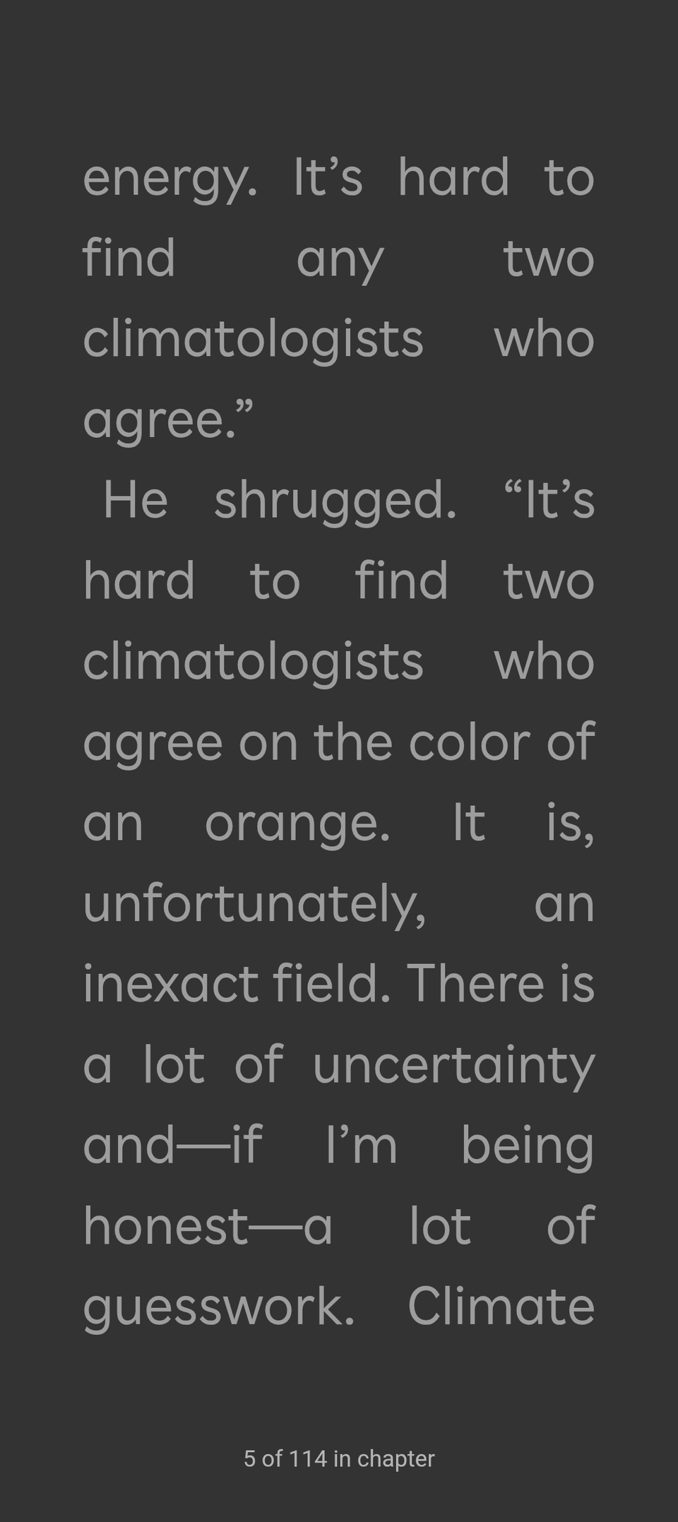 A screenshot showing a page of Project Hail Mary in the Kobo App, with large text. 