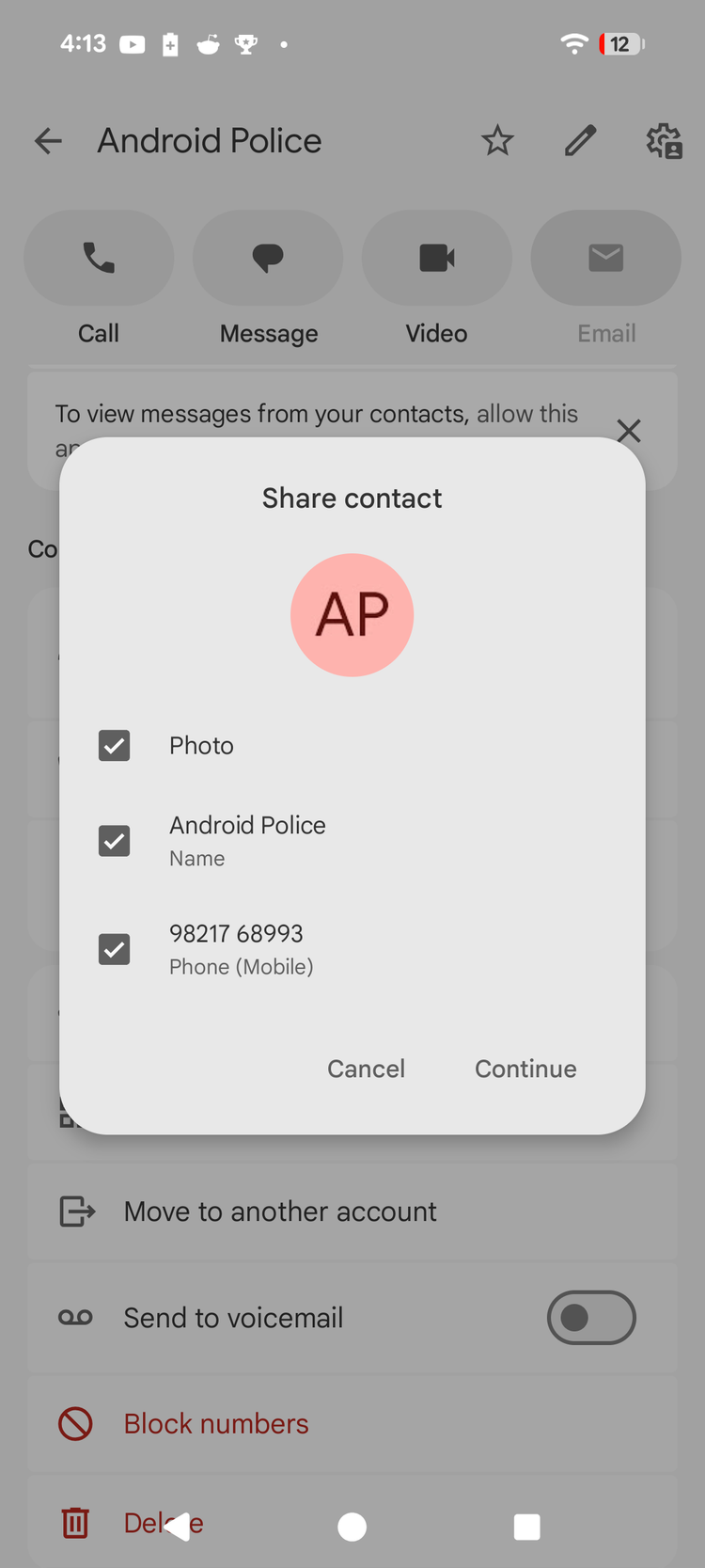 A screenshot highlighting what the contact sharing UI looks like.