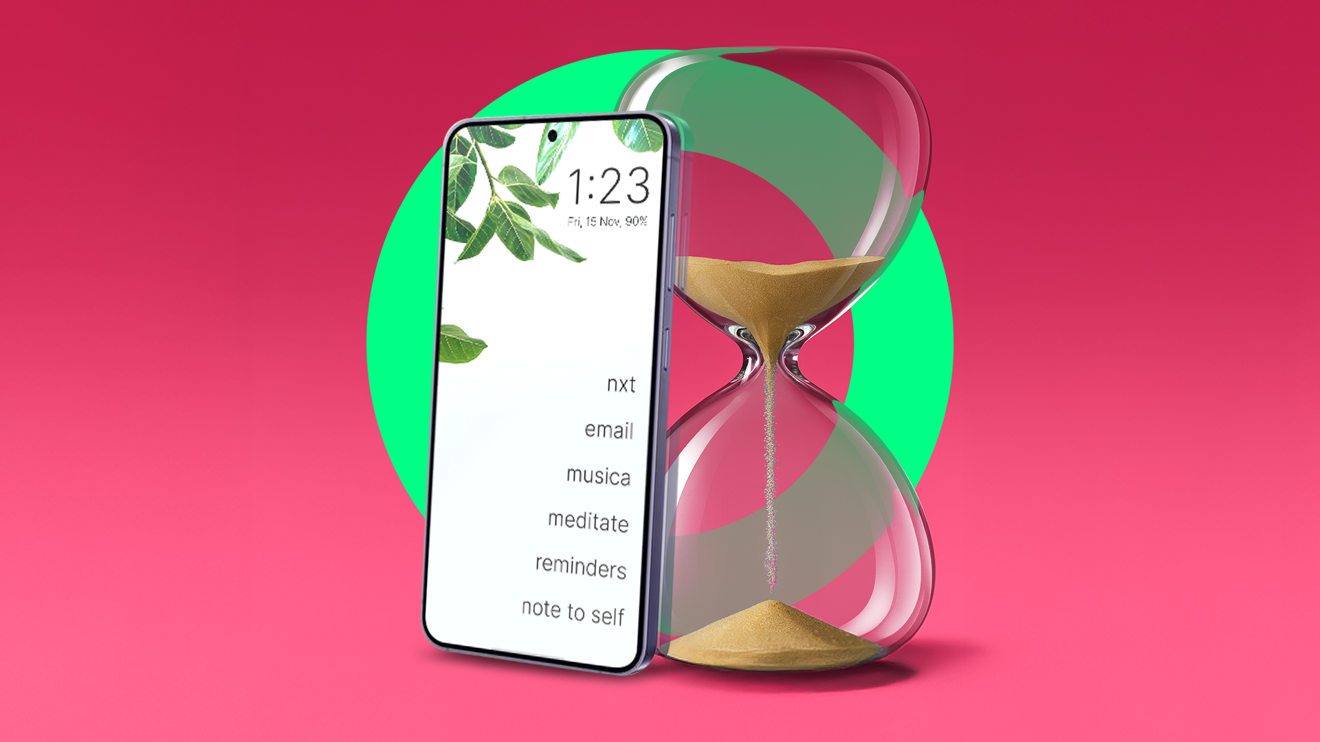 Smartphone displaying a minimalist text-only home screen leaning against an hourglass.