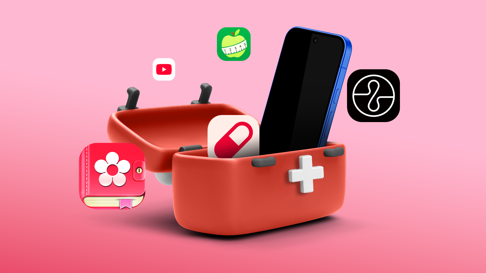 Smartphone in un kit medico rosso aperto, circondato da icone di app per la salute e il benessere come un contacalorie, Youtube e un rilevatore del ciclo.