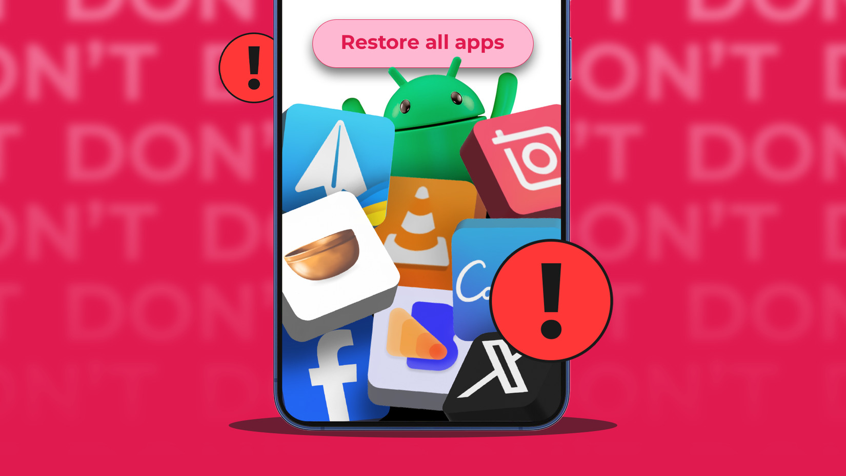 Smartphone showing 'Restore all apps' being overwhelmed by stacked app icons, topped by the green Android mascot and warning symbols