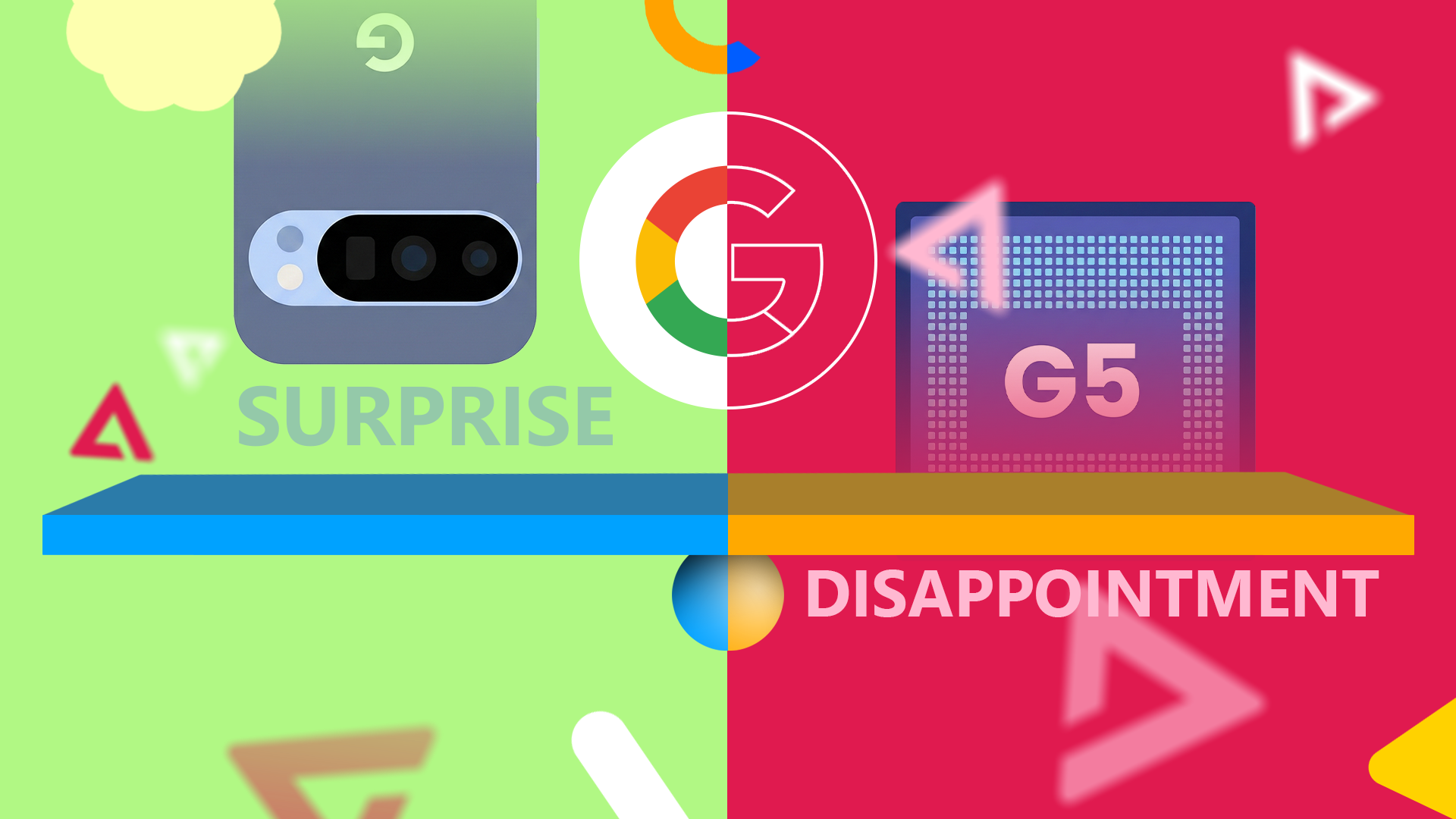 Split illustration showing a Google Pixel phone labeled 'SURPRISE' balanced against a G5 processor chip labeled 'DISAPPOINTMENT'.