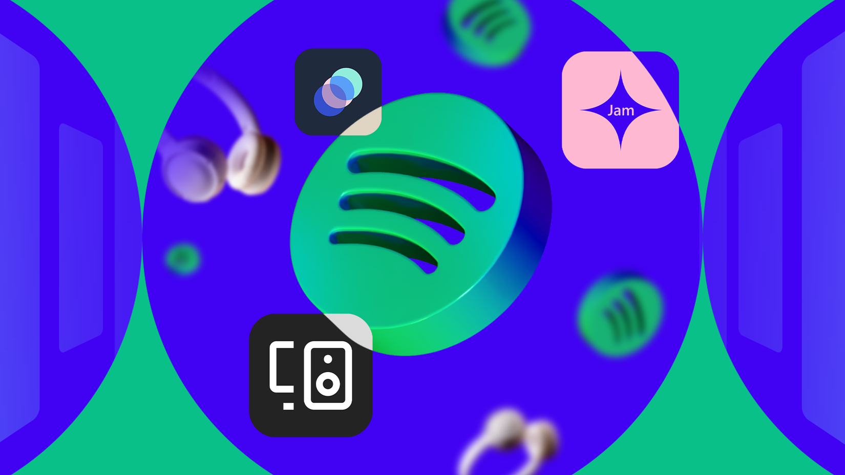 Spotify logo surrounded by icons for Blend, Jam, and Spotify Connect features.