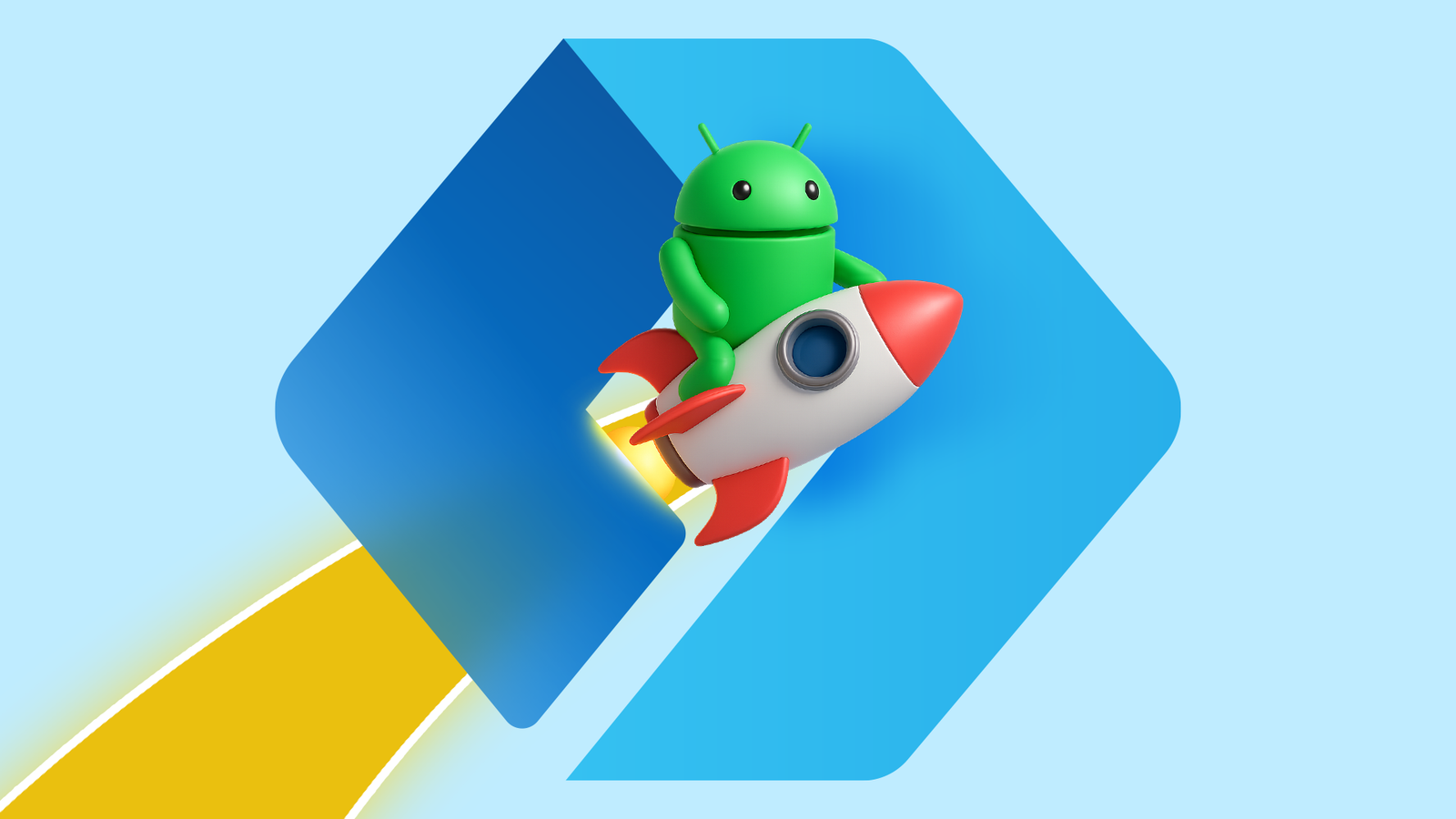 The Android mascot riding a rocket through a blue Microsoft Launcher logo on a light blue background