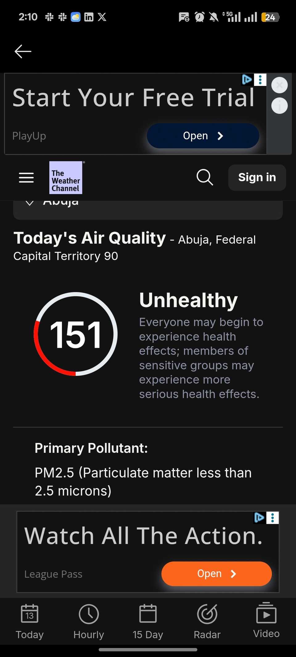 The Weather Channel su Google Weather mostra una qualità dell'aria malsana al livello 151