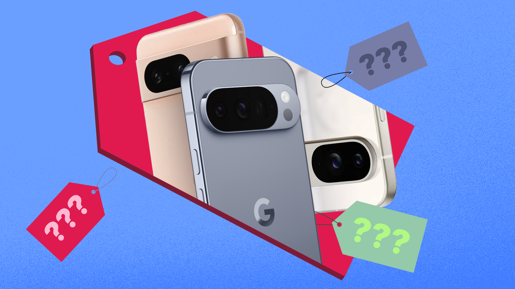 Three Google Pixel smartphones surrounded by floating price tags with question marks.