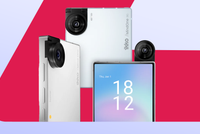 Three views of the white Ikko MindOne Pro smartphone showing its unique square screen and rotating mechanical camera arm.