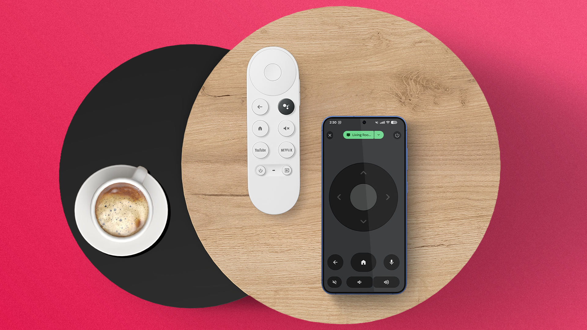 Top-down view of a smartphone displaying a remote app next to a physical TV remote and a cup of coffee on a table.