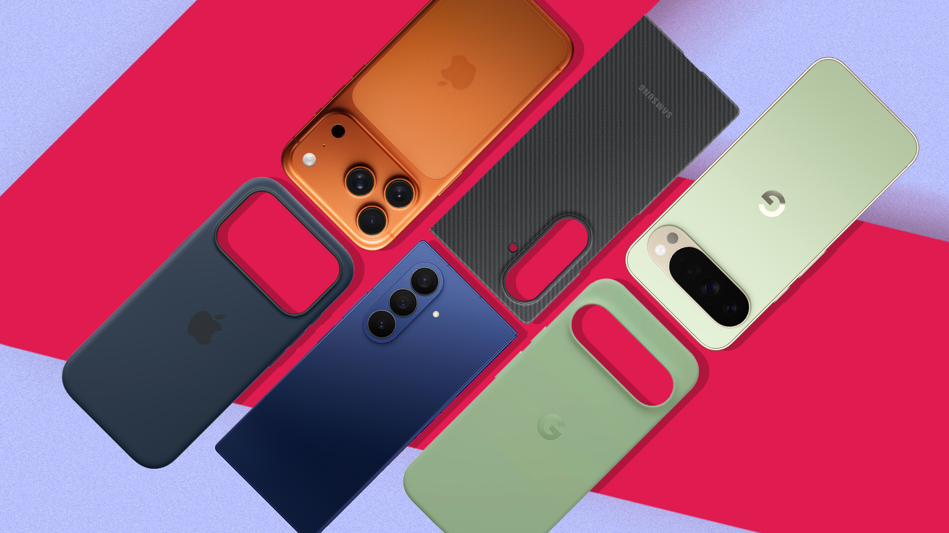 Top-down view of iPhone, Samsung, and Pixel smartphones arranged diagonally alongside their matching protective cases on a red and blue background.