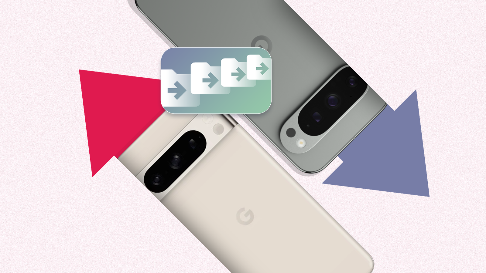 Two Google Pixel phones with a central file transfer icon and arrows indicating data migration.