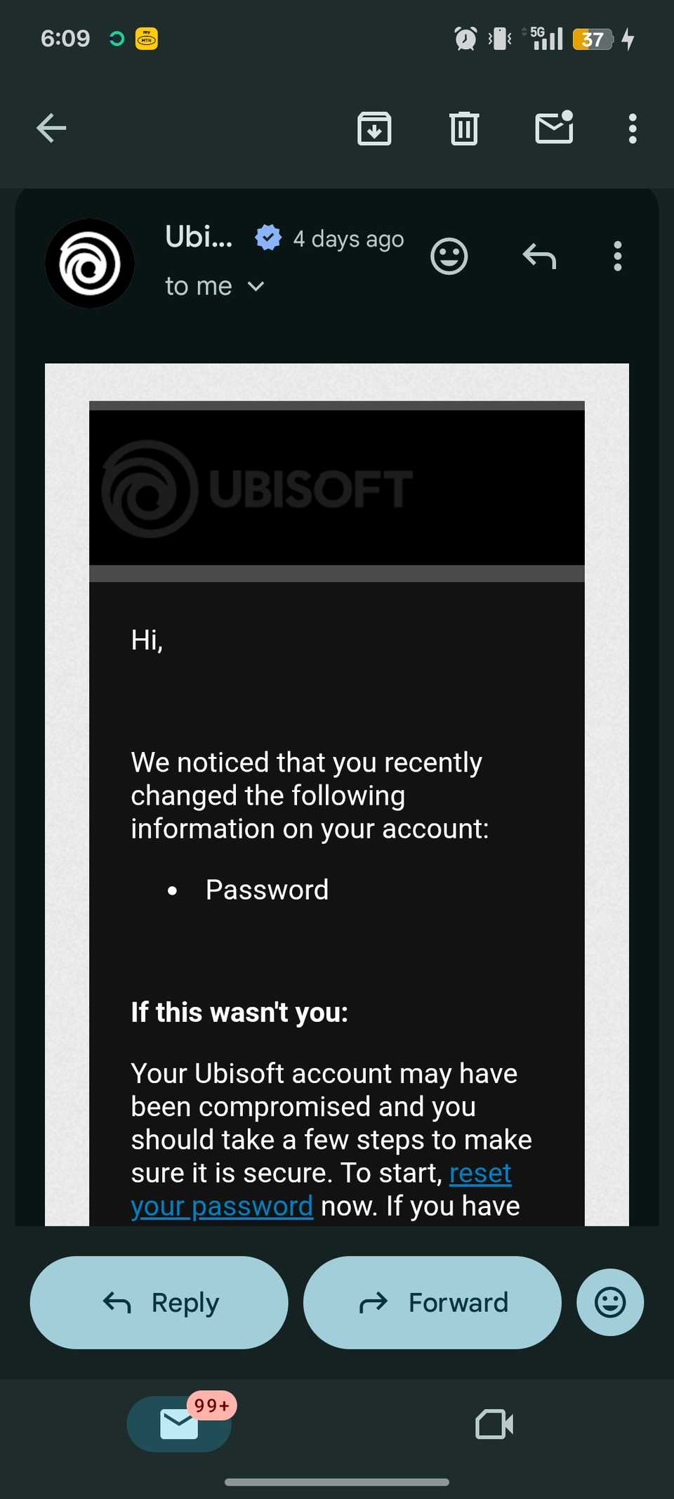 Ubisoft email notifying user that they changed their password with option to report or revoke the action