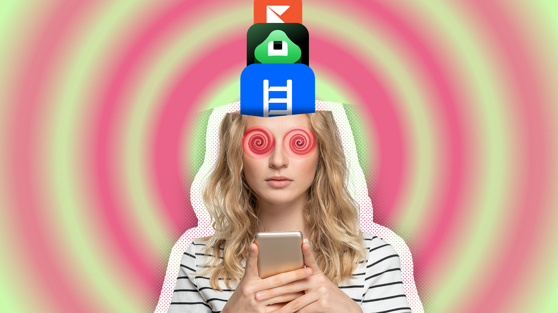 Woman with hypnotic spiral eyes holding a smartphone, with the top of her head open revealing a stack of learning app icons including Headway, Kinnu, and Brilliant.