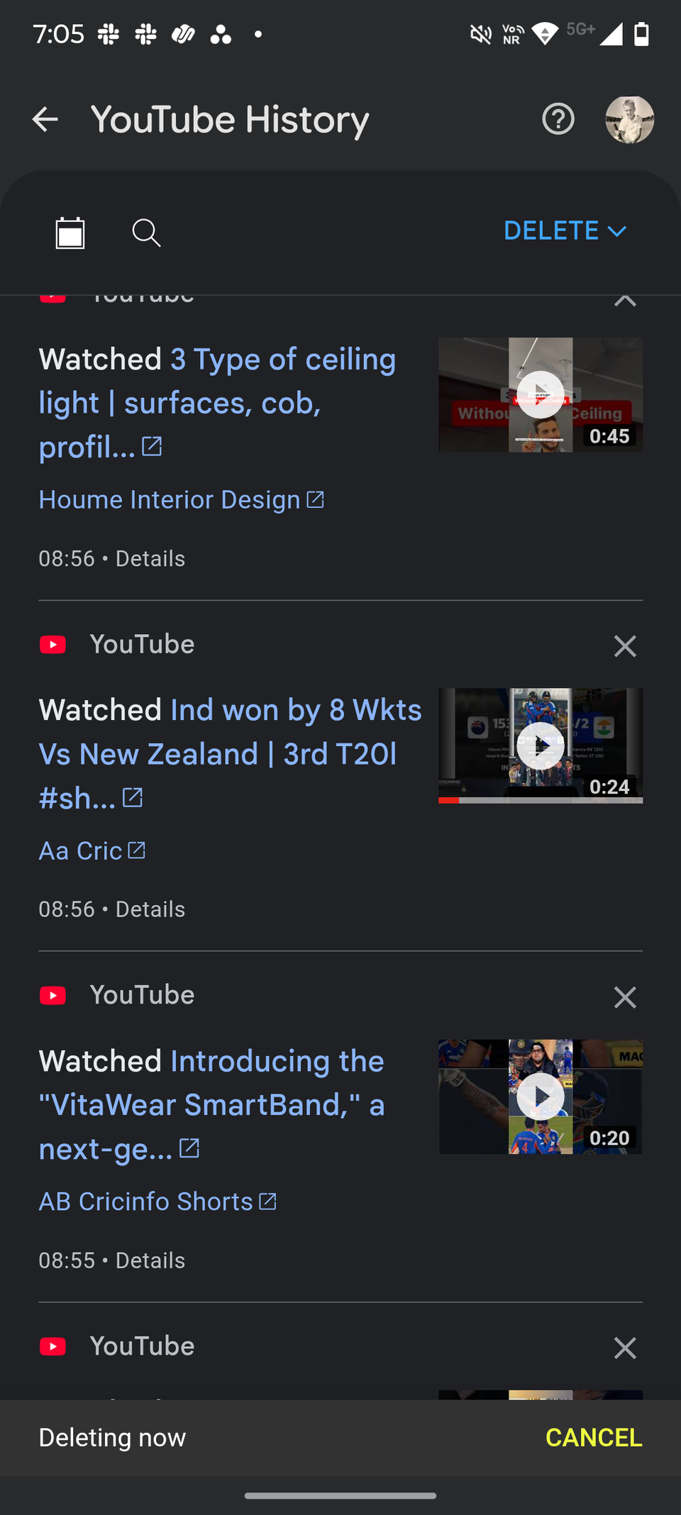 Screenshot che mostra la cronologia visualizzazioni di YouTube