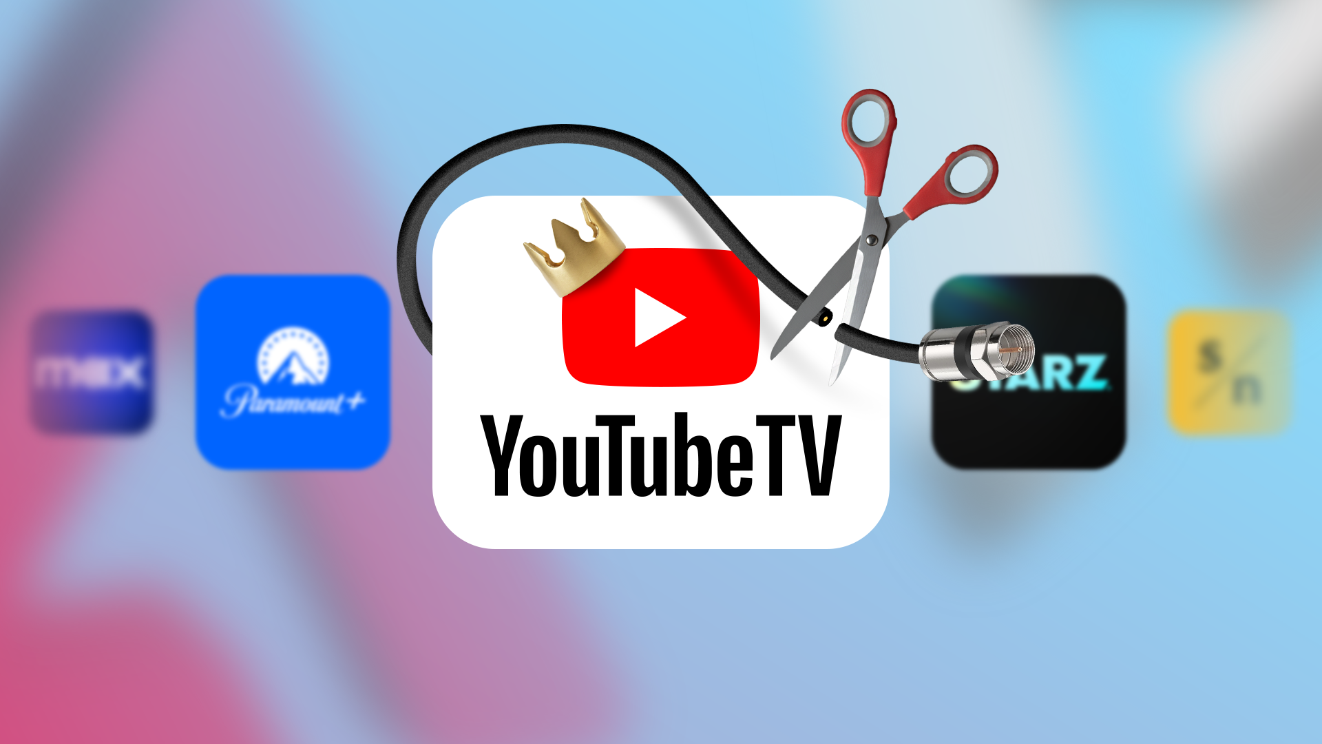 Logo di YouTube TV con una corona e forbici che tagliano un cavo coassiale, con i loghi sfocati di Max, Paramount+, Starz e Sundance Now sullo sfondo