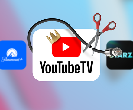 YouTube TV logo with a crown and scissors cutting a coaxial cable, with blurred logos of Max, Paramount+, Starz and Sundance Now in the background