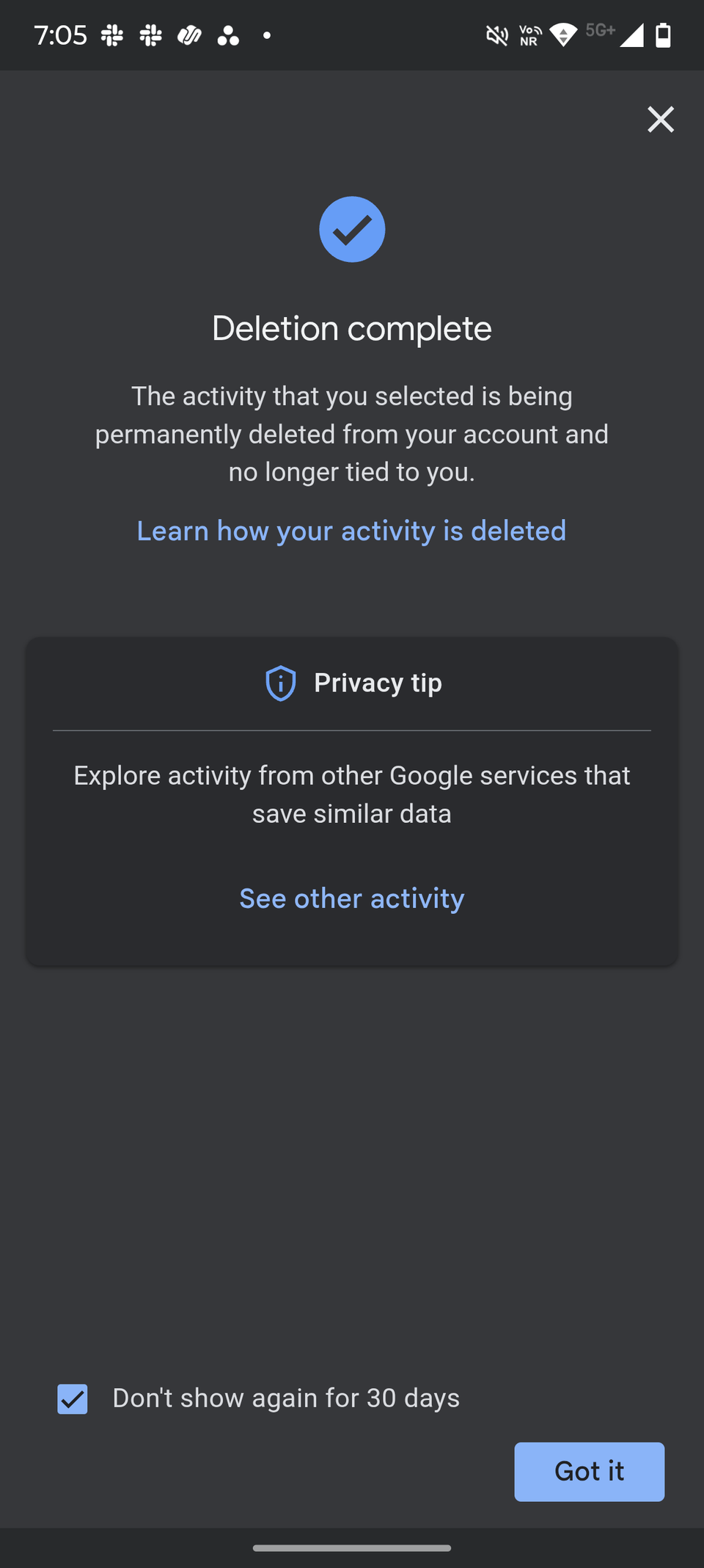 Screenshot che mostra il messaggio di eliminazione completo su YouTube
