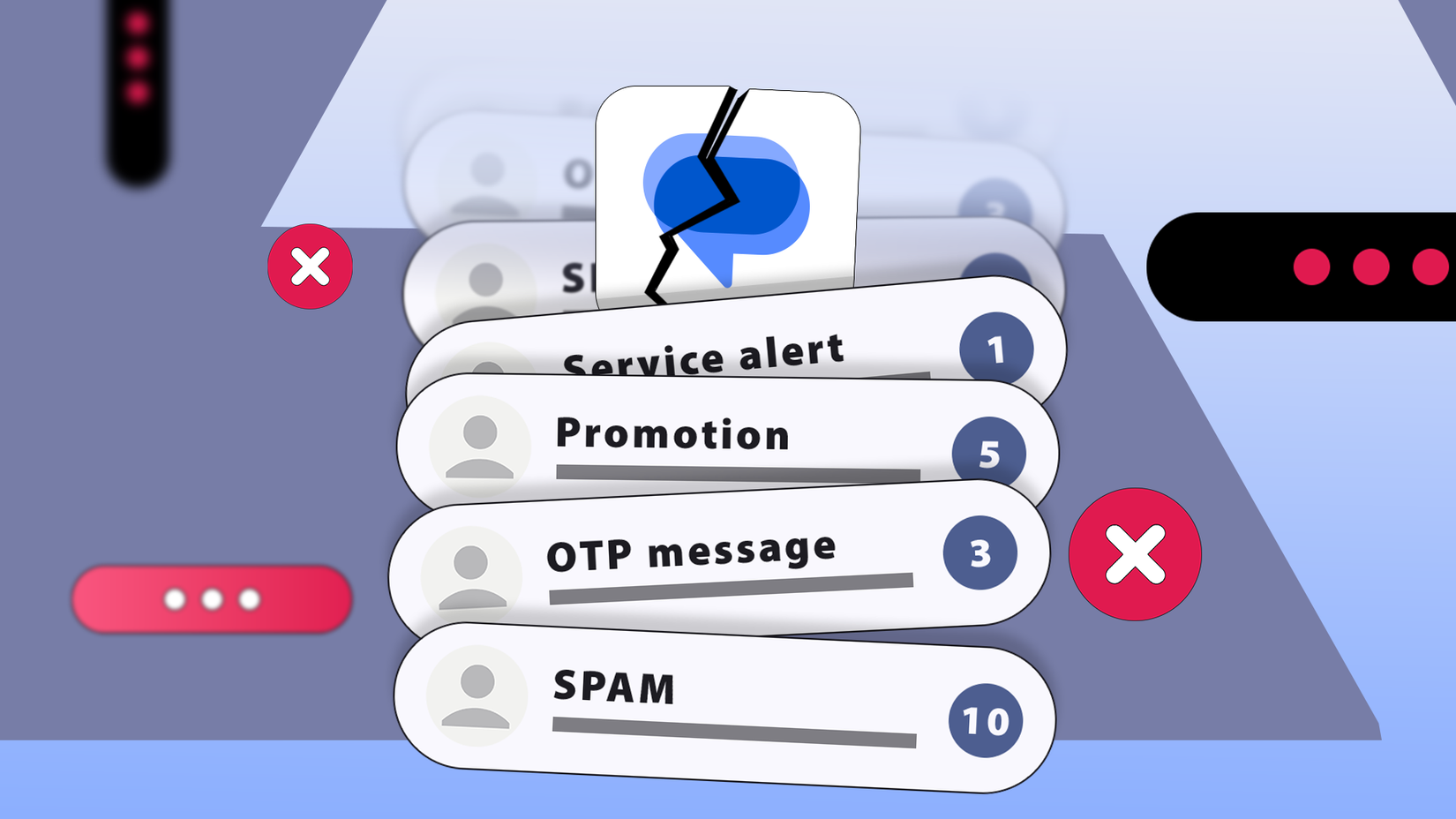 Uma pilha desordenada de spam, OTPs e mensagens promocionais sob um ícone quebrado do Mensagens do Google