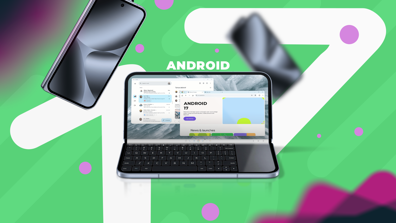 Um smartphone dobrável exibindo uma interface de desktop Android 17 com janelas flutuantes, uma barra de tarefas e um teclado virtual e trackpad