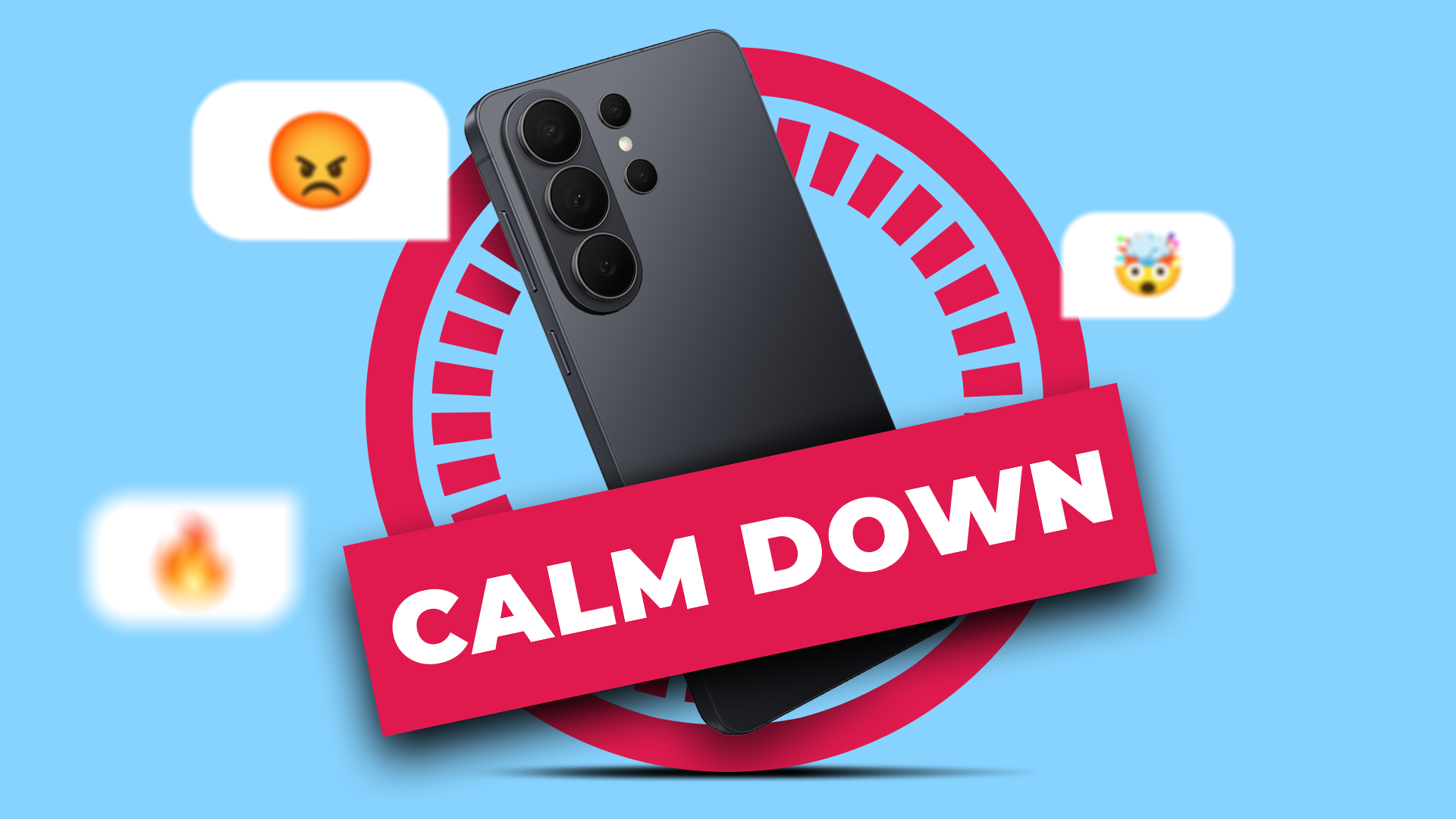 Uno smartphone Galaxy S26 circondato da emoji arrabbiati e simboli di fuoco, su cui è sovrapposto il timbro rosso 