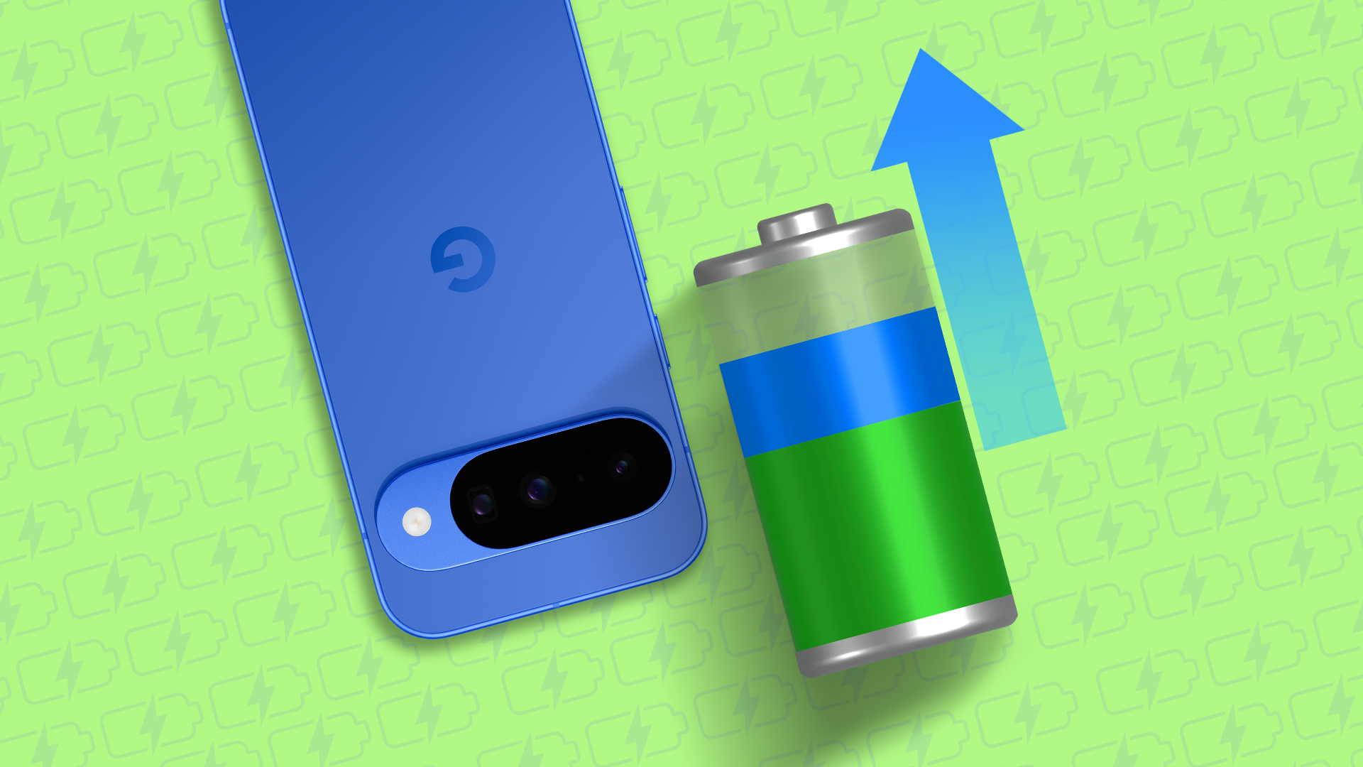 A Google Pixel phone next to a battery with an upward arrow.