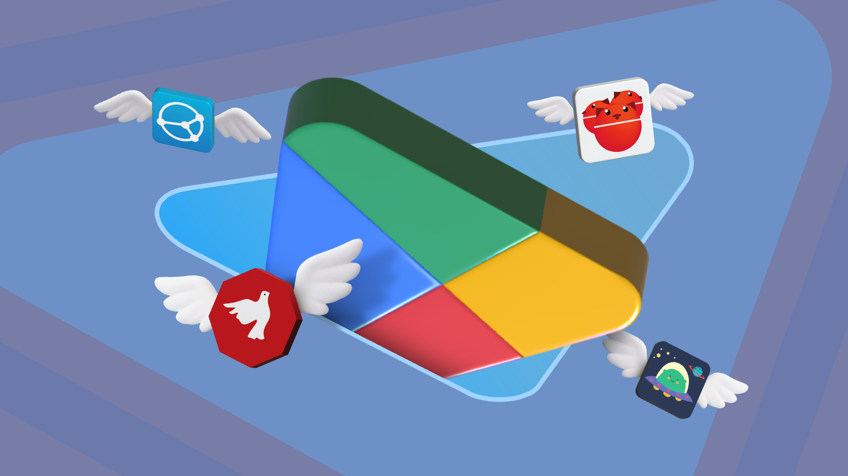Un’icona del Google Play Store con le icone alate di Cerberus, Infinity, AdAway e Syncthing che volano via.