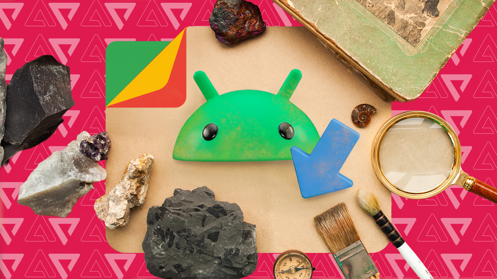 Una mascotte verde di Android e una freccia di download blu circondata da strumenti di archeologia.