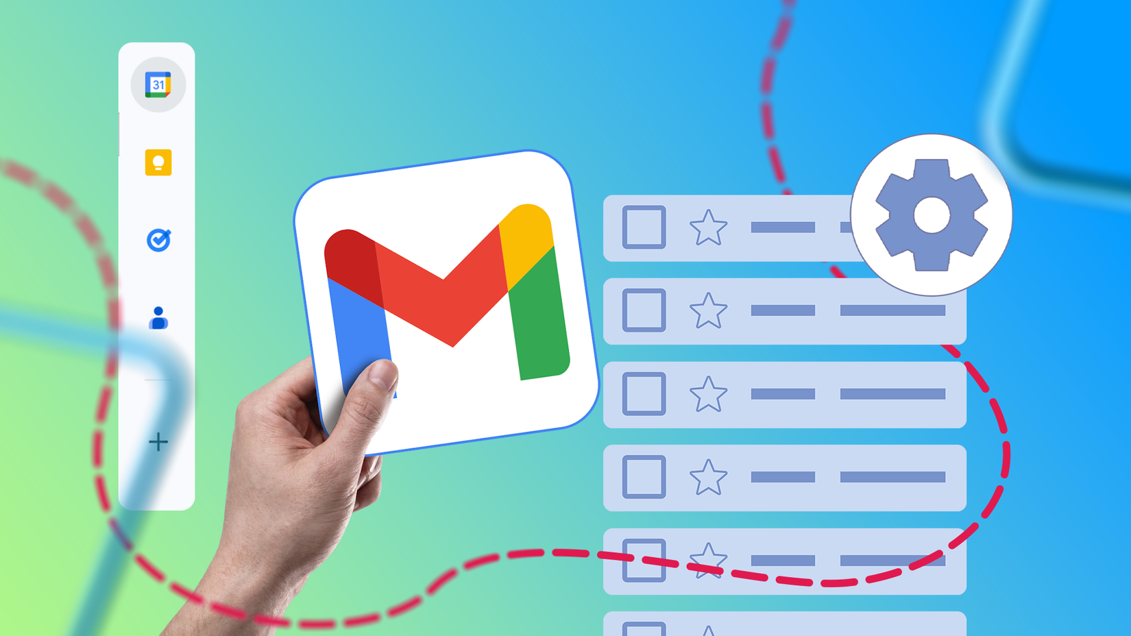 Una mano che tiene il logo di Gmail sopra un elenco di email con l'icona di un ingranaggio e una barra laterale delle icone delle app Google su uno sfondo sfumato verde acqua.