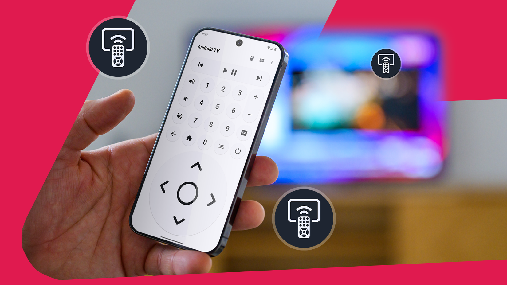 A hand holding a smartphone displaying the Bluetooth Remote app interface in front of a blurred television, with floating app icons around it.