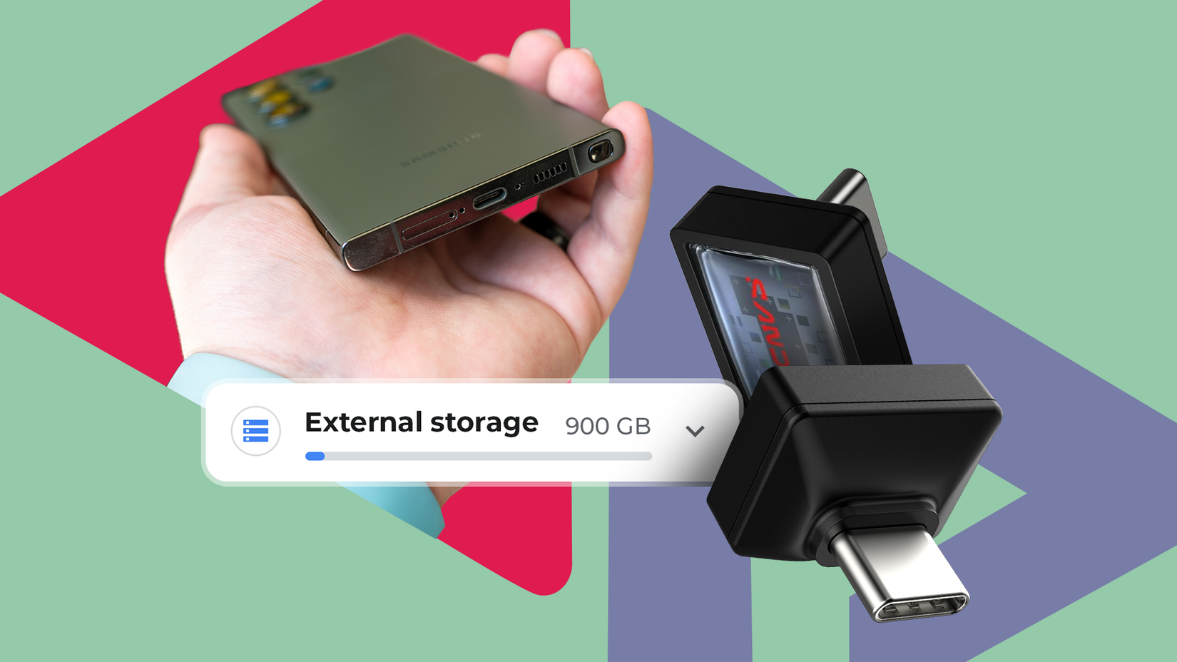 Uma mão segurando um smartphone próximo a uma pequena unidade flash USB-C com uma sobreposição de notificação de armazenamento