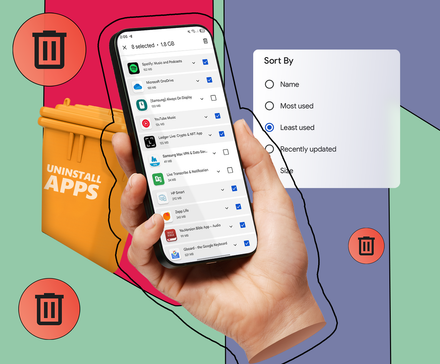Uma mão segurando um smartphone mostrando uma lista de aplicativos selecionados para exclusão, com um menu de classificação definido como “Menos usados” e uma lixeira chamada “Desinstalar aplicativos” em segundo plano.