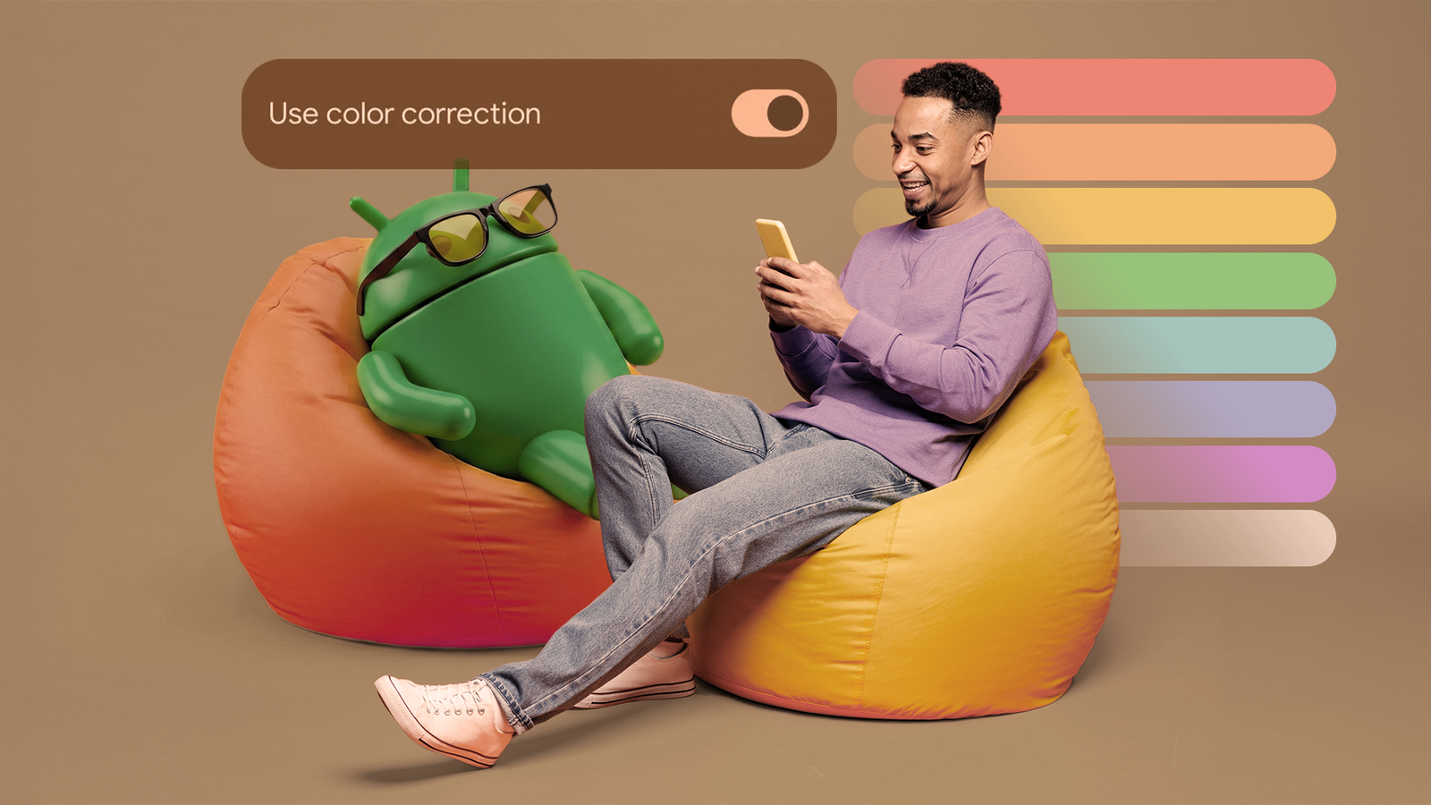 A man and the Android mascot sitting in beanbag chairs next to a 'Use color correction' toggle.