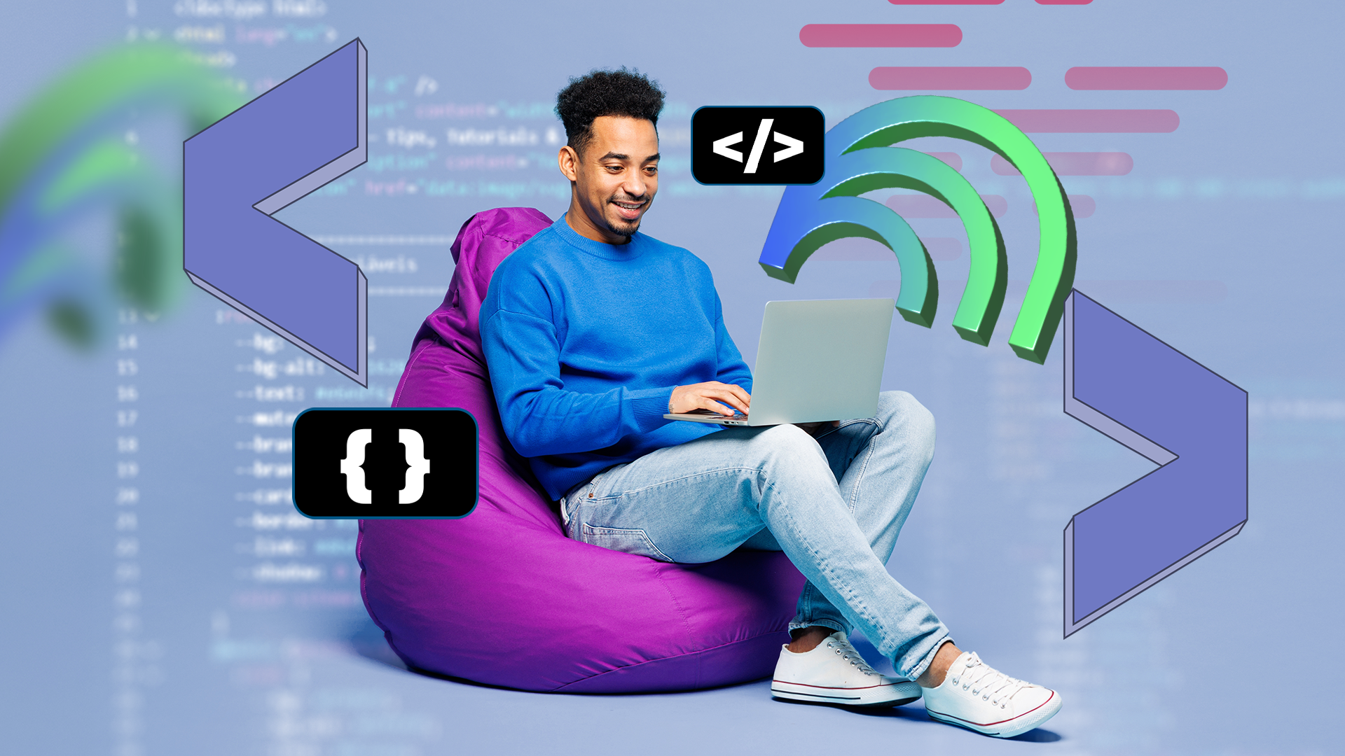 Un uomo che usa un portatile su una poltrona a sacco, circondato da icone relative alla programmazione e dal logo di NotebookLM.