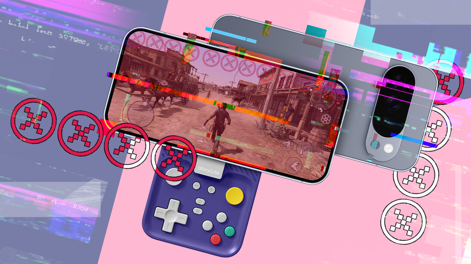 Un Pixel 10 Pro che esegue un gioco con un controller Abxylute, coperto di glitch digitali e simboli 
