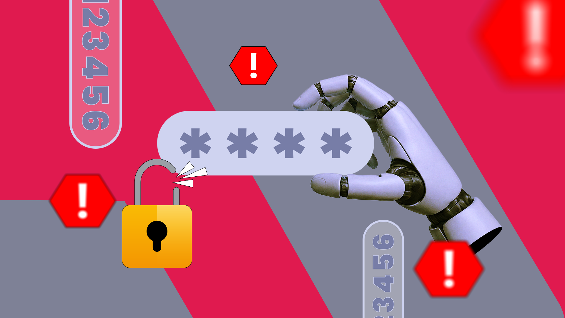 A robotic hand holding a password field with a broken padlock and alert icons.