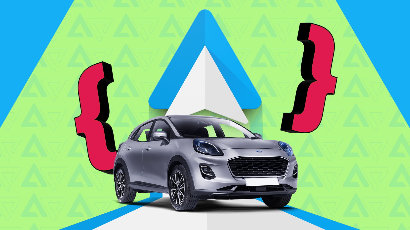 Un'auto color argento sotto il logo Android Auto, incorniciata da due parentesi graffe rosse