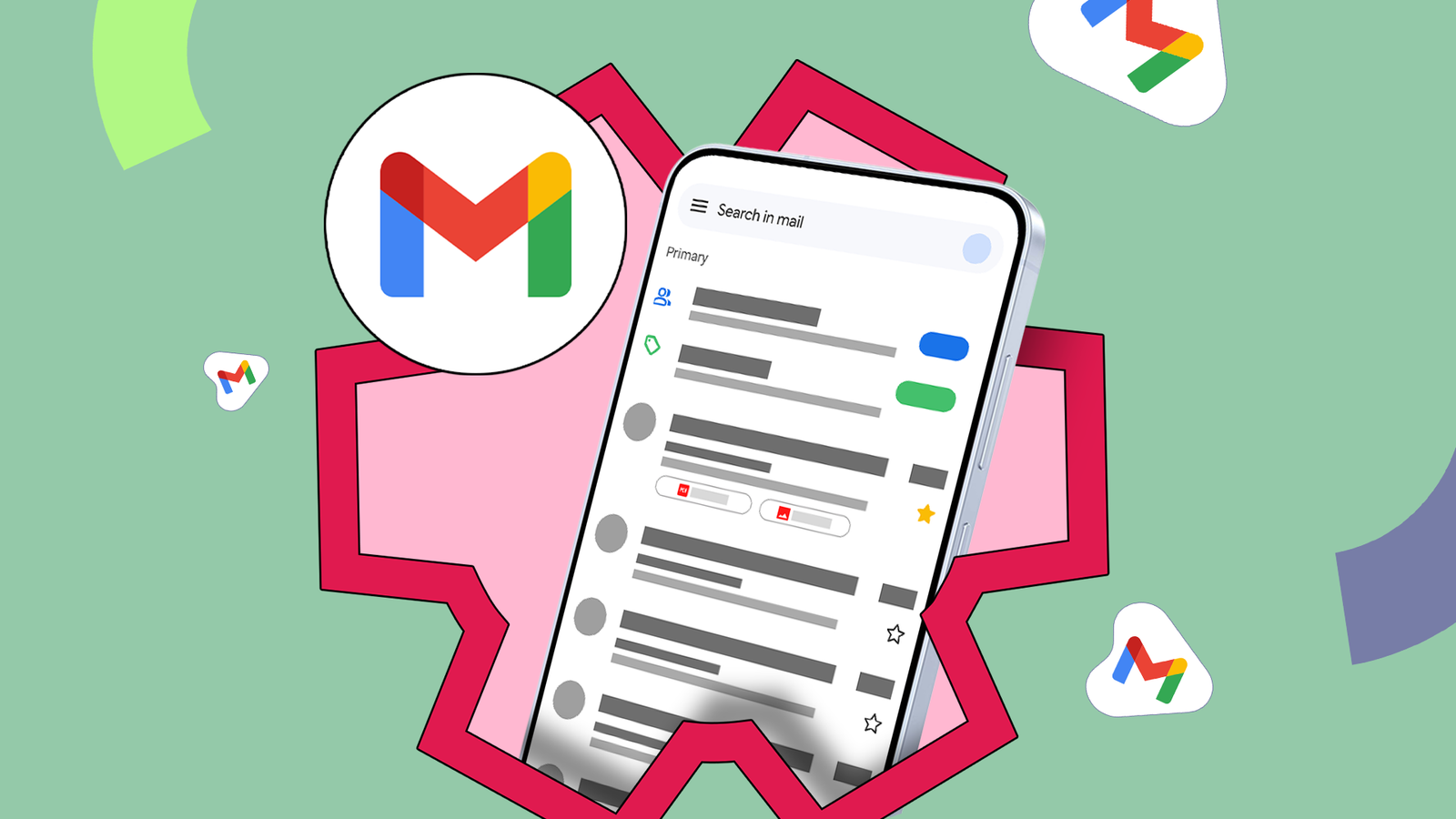 A smartphone displaying a Gmail inbox, surrounded by a pink gear shape with Gmail logos around