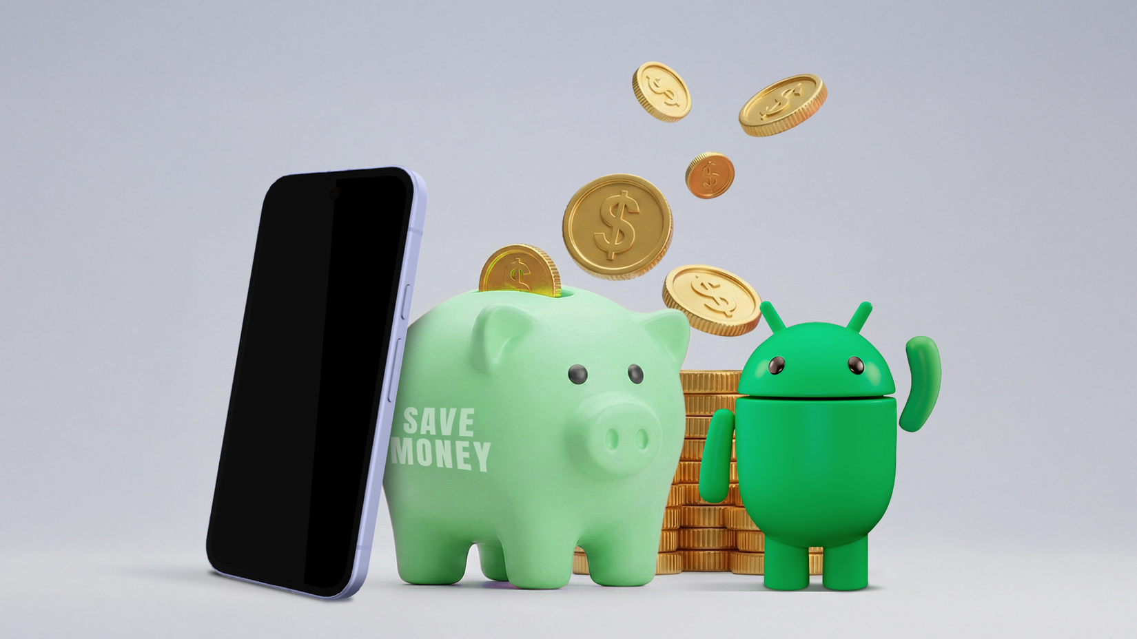 Um smartphone ao lado de um cofrinho 'ECONOMIZE DINHEIRO' e um mascote Android verde sob moedas de ouro caindo.